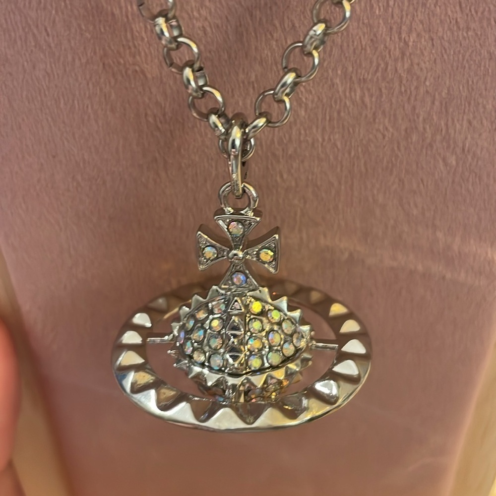 Vivienne Westwood Long Orb Necklace Silver Crystal Saturn Pendant Statement